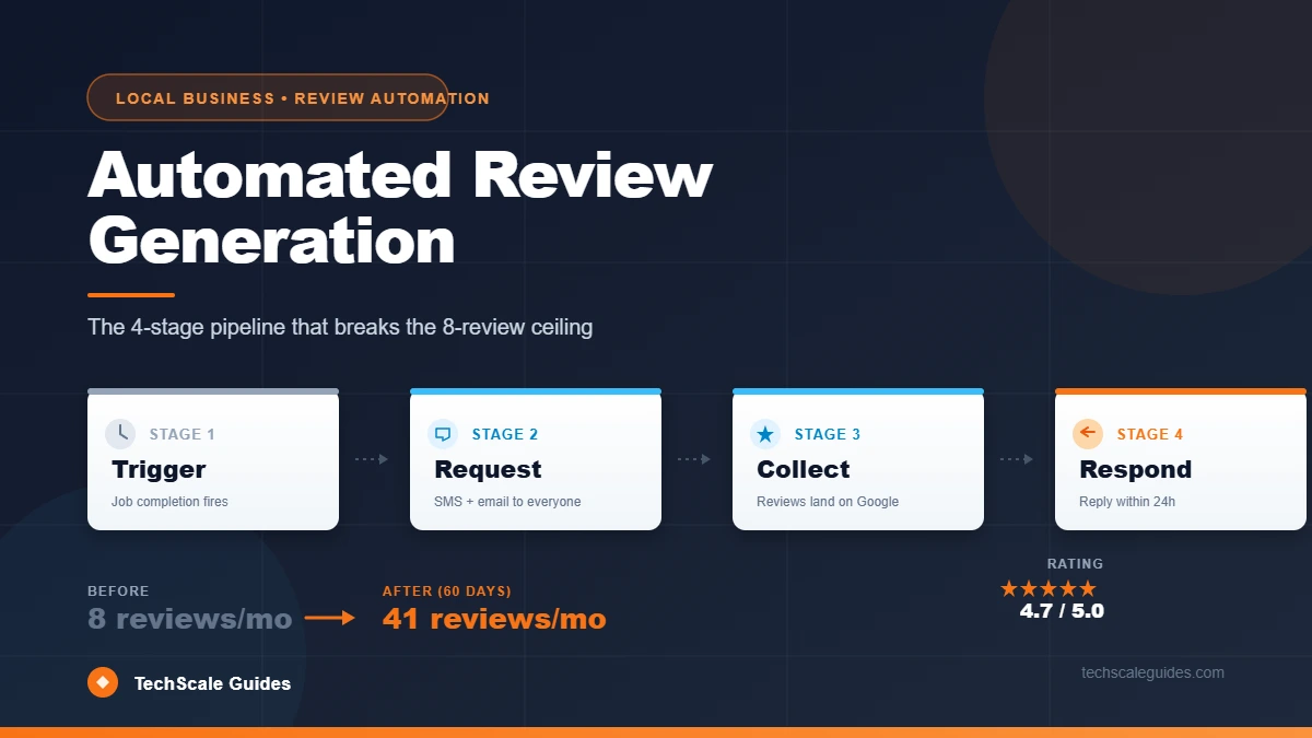 4-stage review pipeline: Trigger, Request, Collect, Respond — before/after 8 to 41 reviews per month