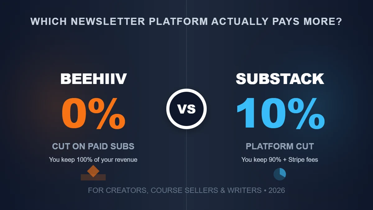 Beehiiv vs Substack comparison — 0% cut vs 10% cut monetization math for creators