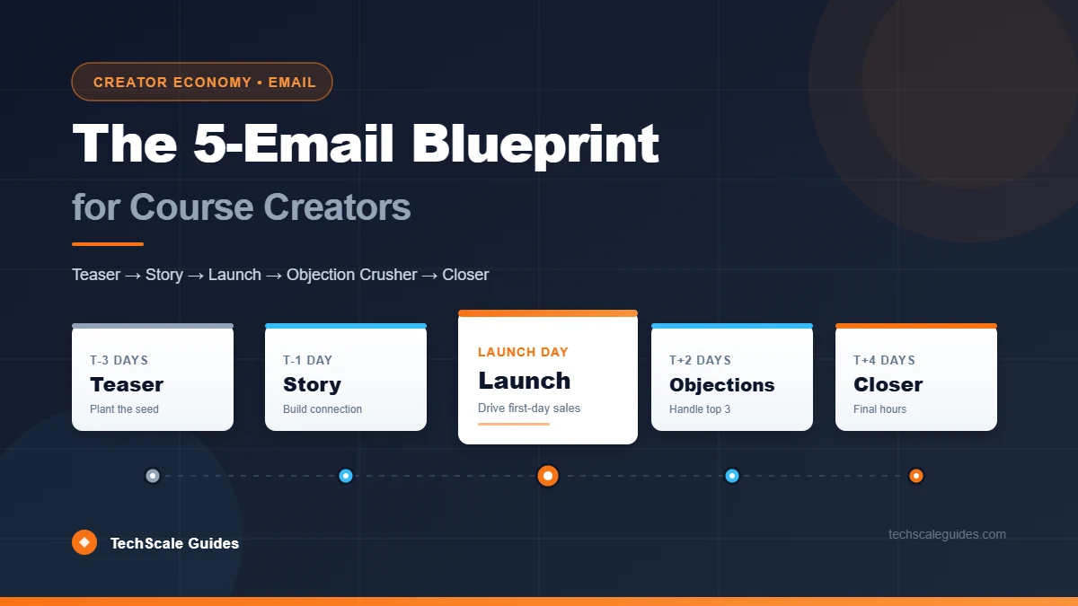 5-email pre-launch sequence timeline for course creators — Teaser, Story, Launch, Objection Crusher, Closer across 7 days