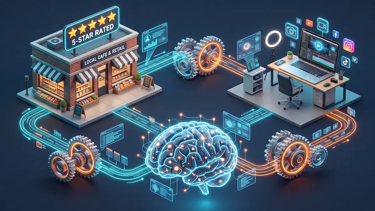 3D isometric illustration showing a cohesive B2B automation workflow with AI and No-Code technologies