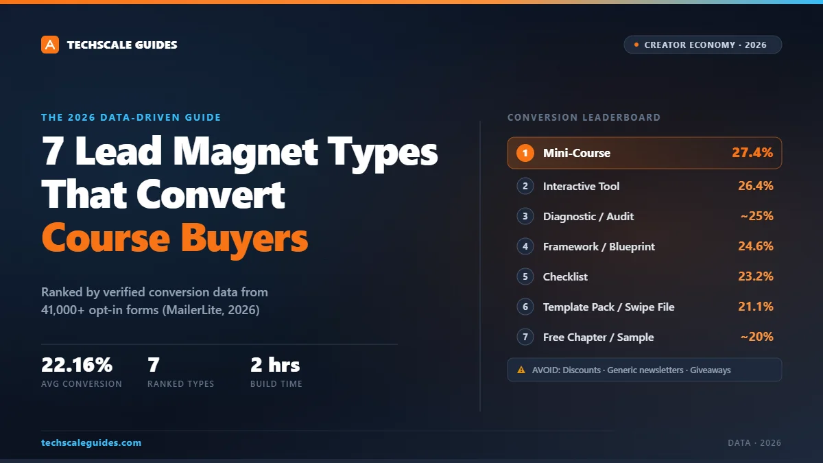 7 lead magnet types for course creators ranked by verified conversion rate — mini-courses, interactive tools, diagnostics, frameworks, checklists, template packs, and samples