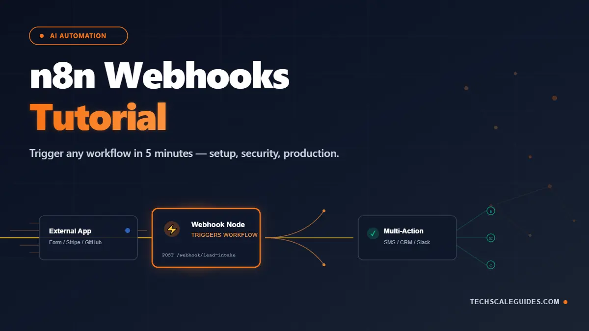 n8n Webhooks Tutorial cover — Webhook node trigger flow from external app to n8n workflow to multi-action execution