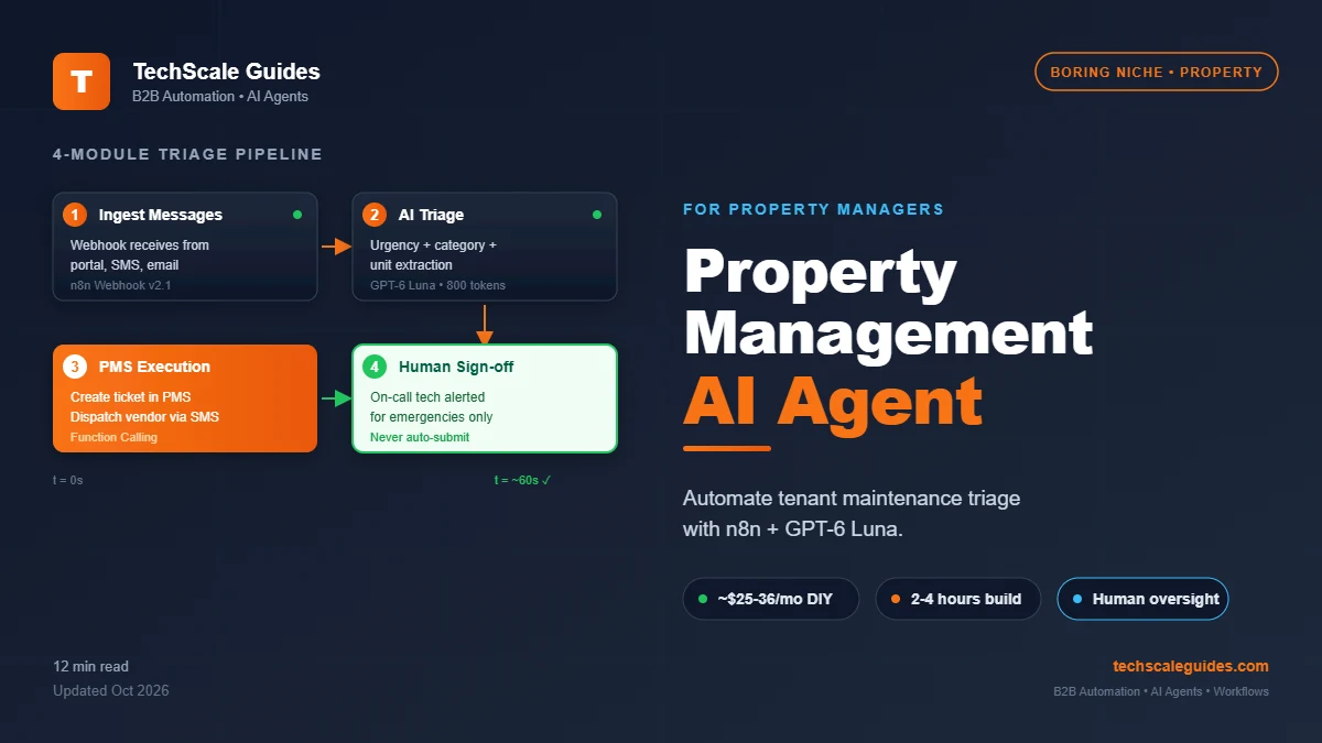 Property management AI agent architecture — tenant messages ingested via webhook, triaged with GPT-6 Luna, routed to PMS and on-call vendors, with human oversight on emergencies