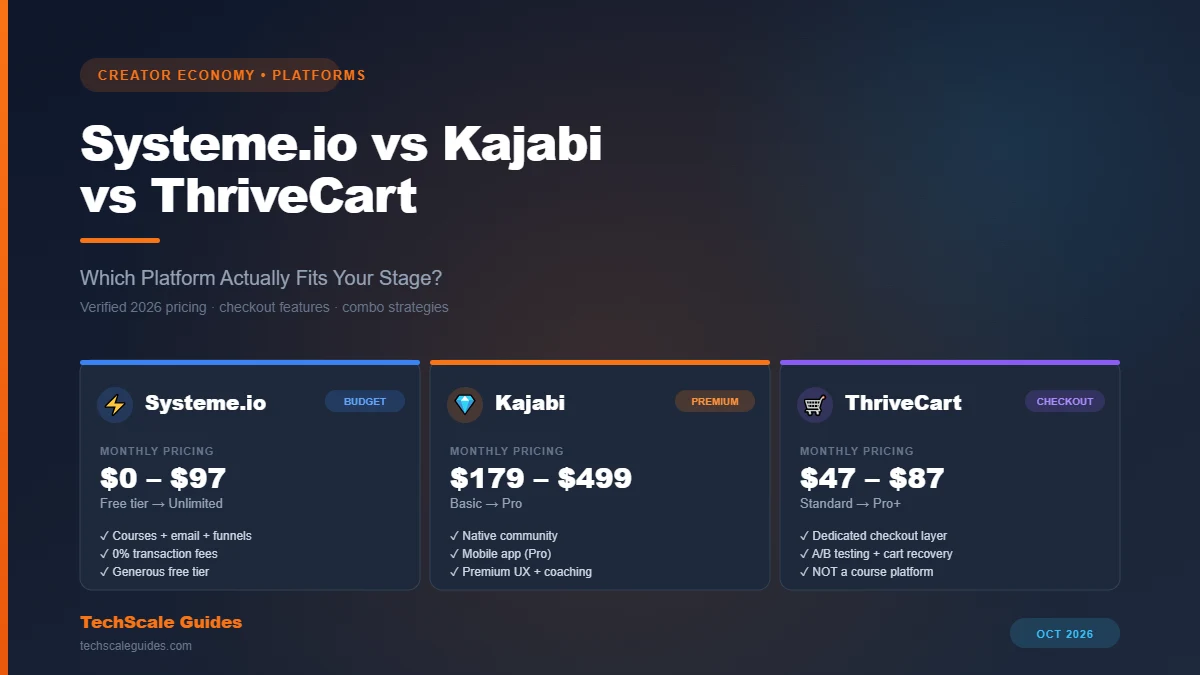 Systeme.io vs Kajabi vs ThriveCart comparison — 2026 pricing, checkout features, and combo strategies by revenue stage